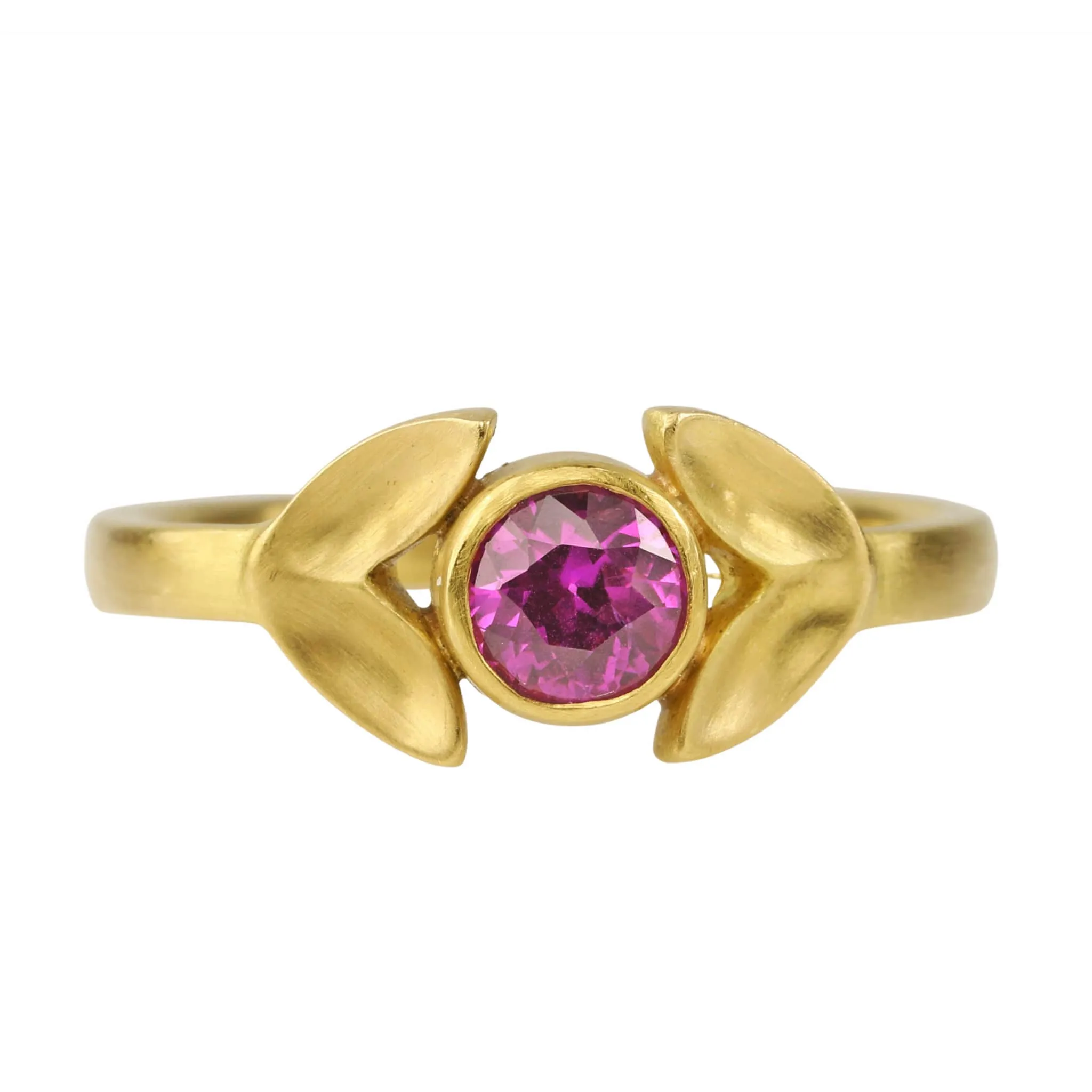 20K Gold "Laurel" Ring with Bezel-Set Pink Sapphire Center
