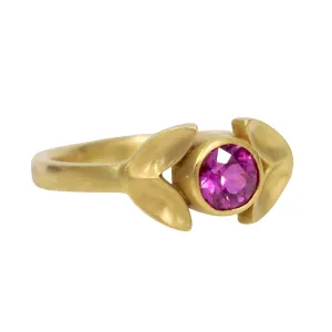 20K Gold "Laurel" Ring with Bezel-Set Pink Sapphire Center