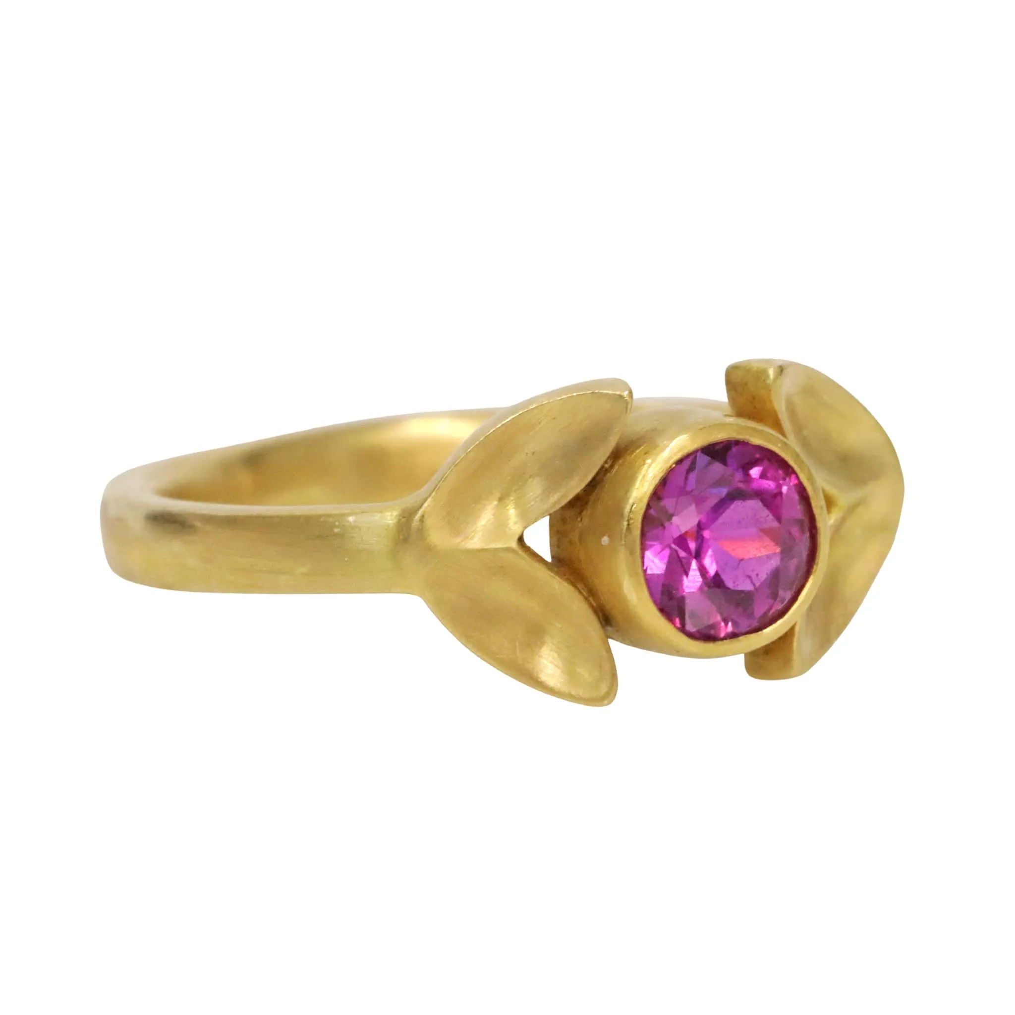 20K Gold "Laurel" Ring with Bezel-Set Pink Sapphire Center