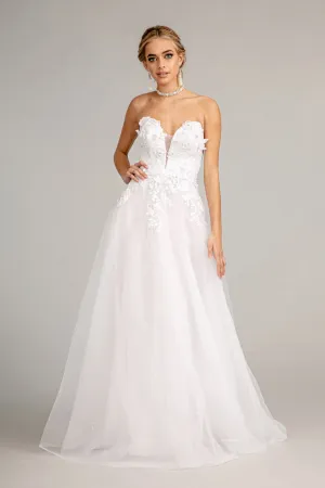 3-D Flower Embellished Mesh Wedding Gown w/ Rhinestone and Glitter Embellished