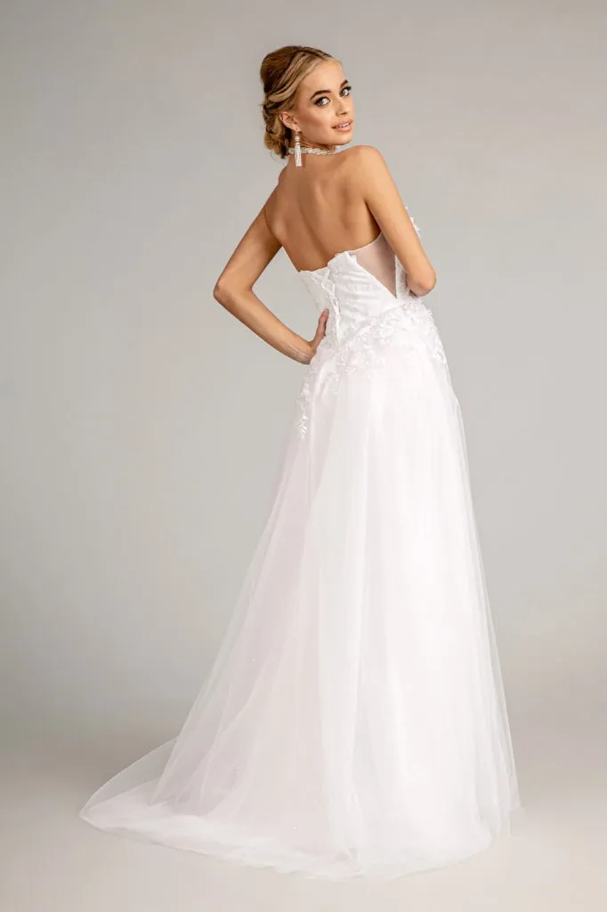 3-D Flower Embellished Mesh Wedding Gown w/ Rhinestone and Glitter Embellished