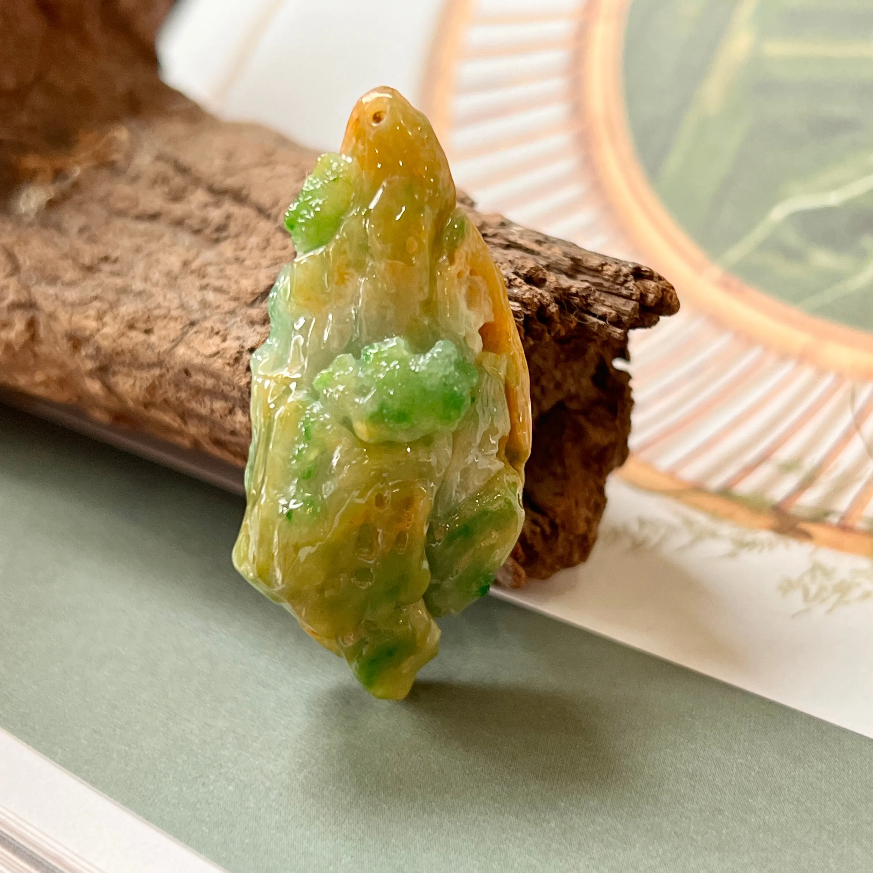 A-Grade Natural Green & Yellow Jadeite Ancient Ruins Pendant/ Display No.172246