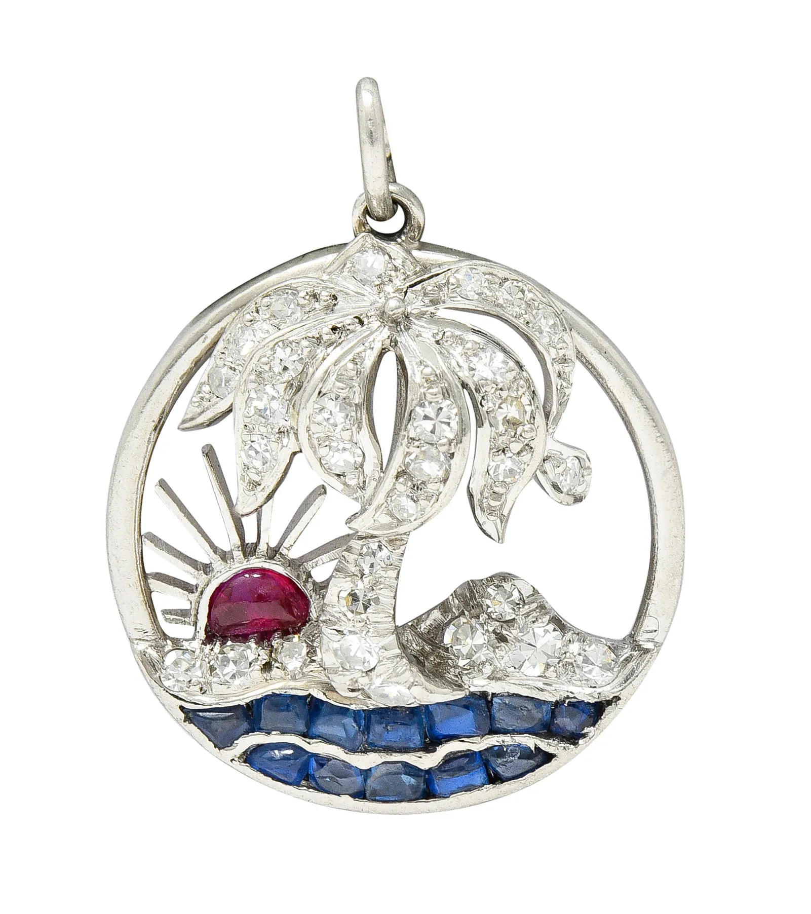 Art Deco Diamond Ruby Sapphire Platinum Palm Tree Tropical Beach Charm