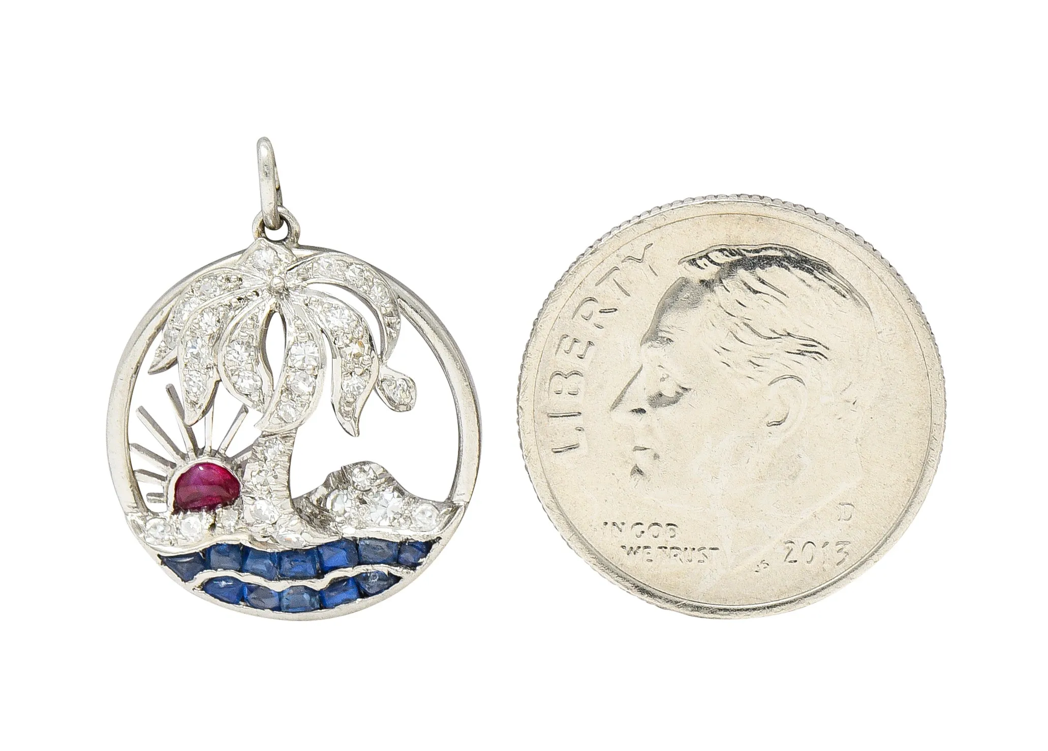 Art Deco Diamond Ruby Sapphire Platinum Palm Tree Tropical Beach Charm