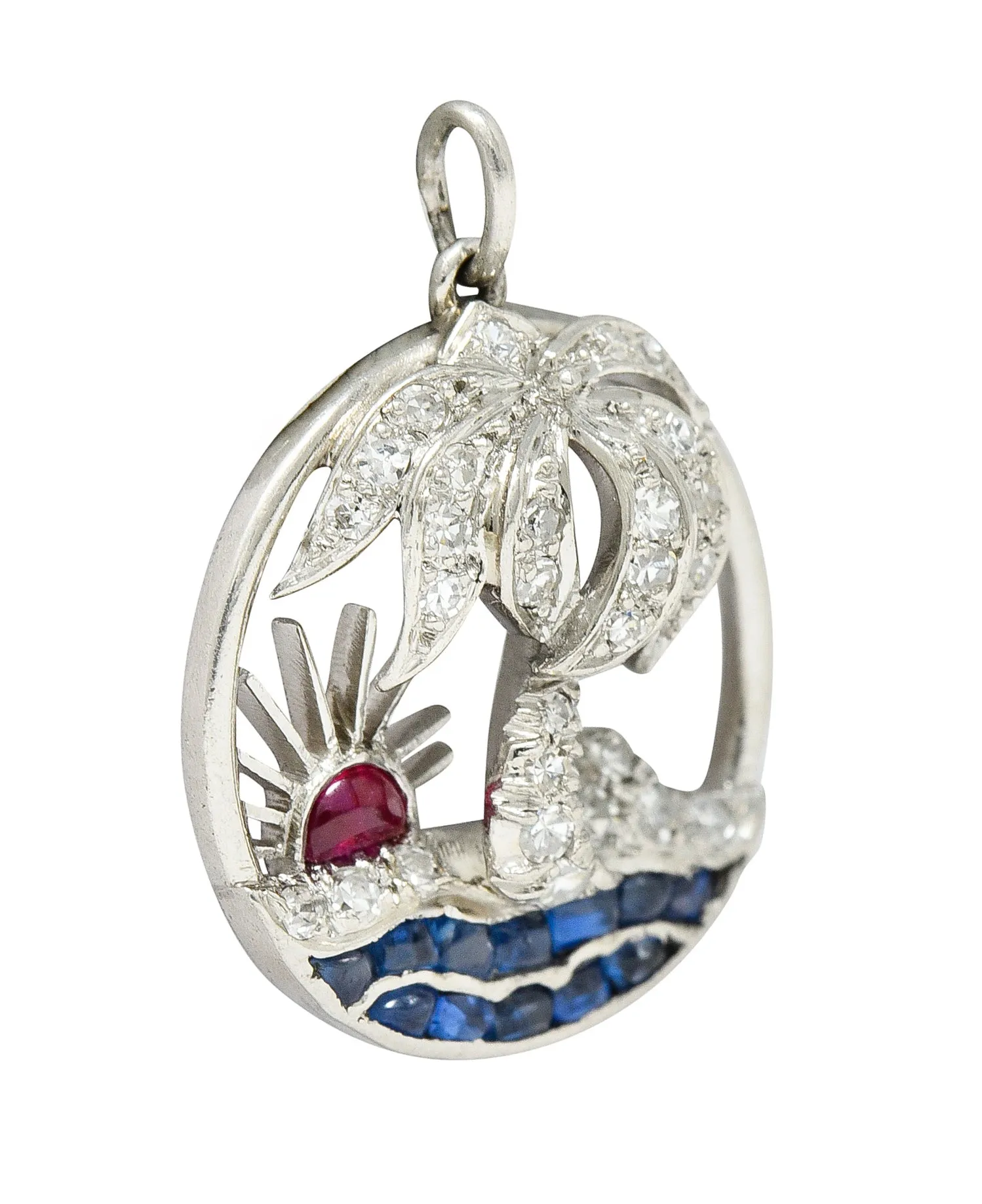 Art Deco Diamond Ruby Sapphire Platinum Palm Tree Tropical Beach Charm