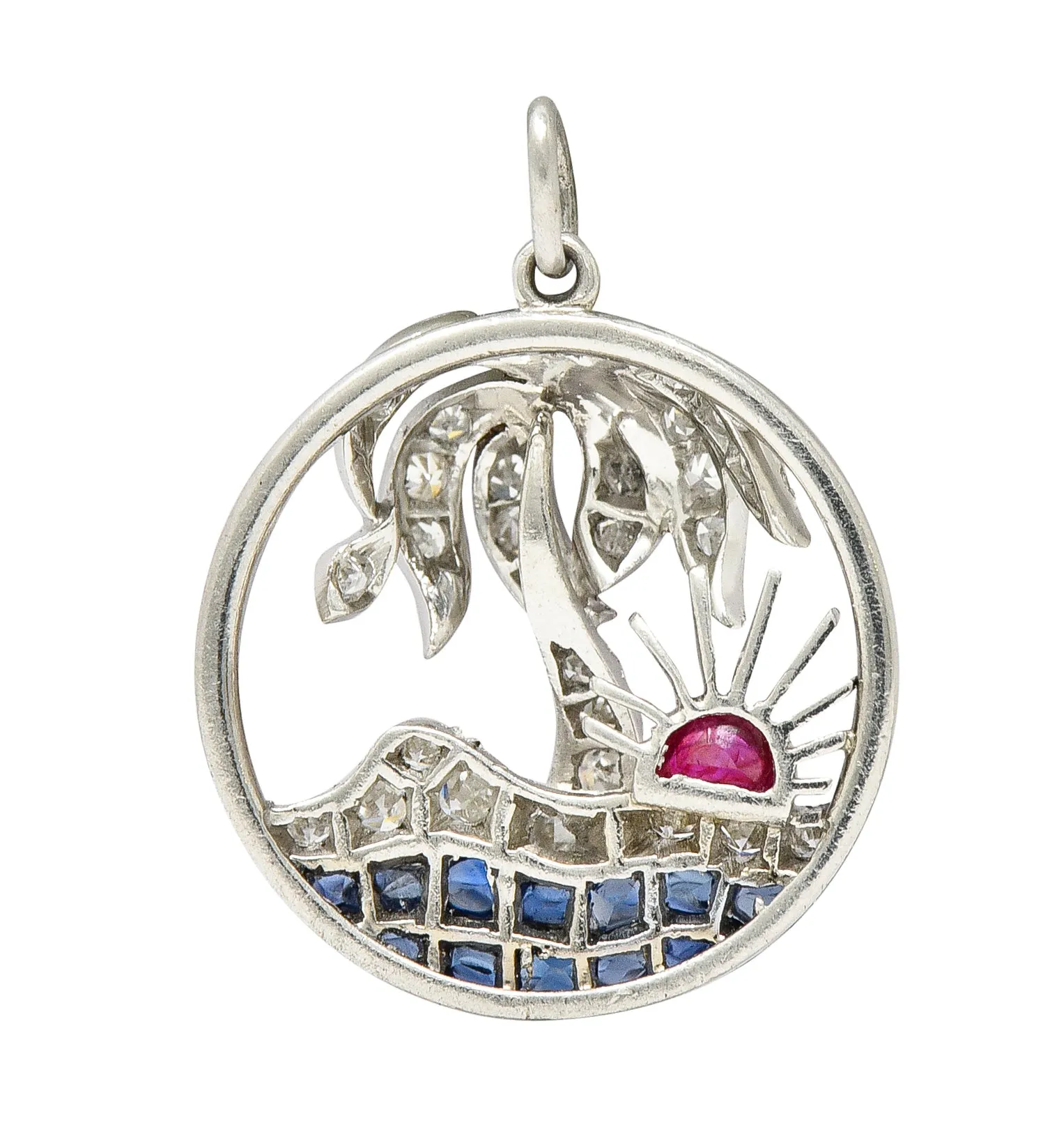 Art Deco Diamond Ruby Sapphire Platinum Palm Tree Tropical Beach Charm