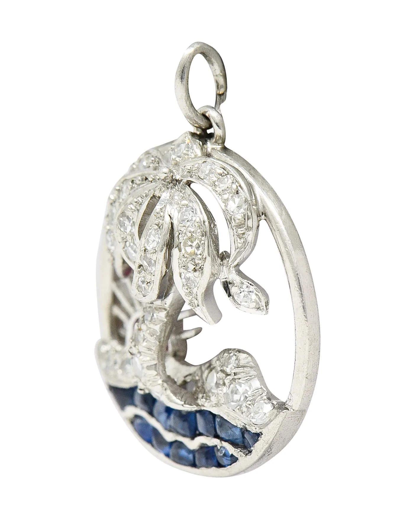 Art Deco Diamond Ruby Sapphire Platinum Palm Tree Tropical Beach Charm