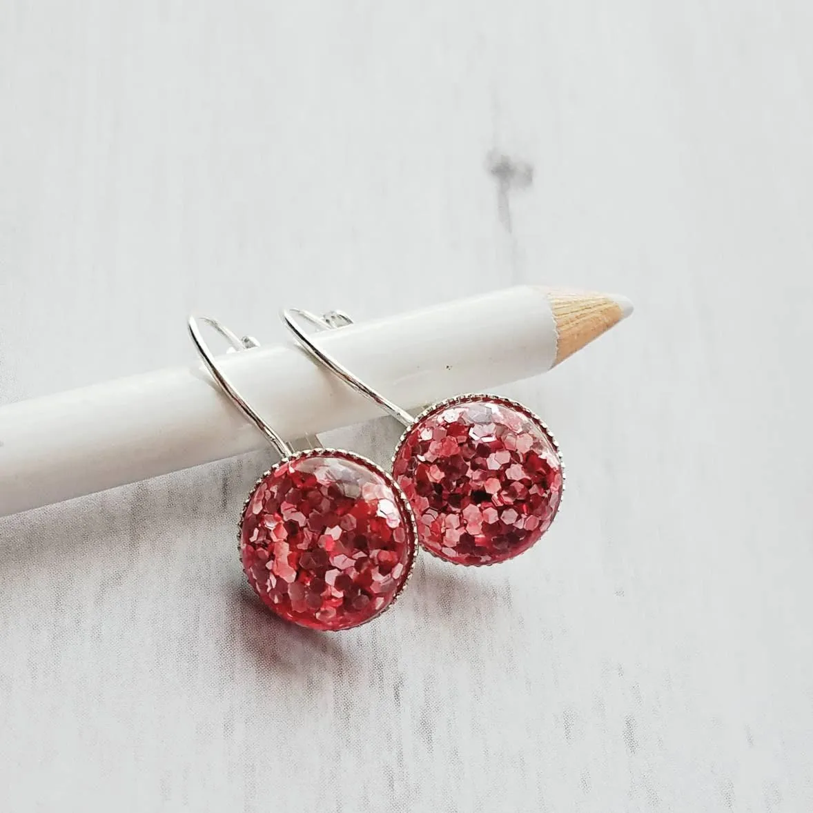 Birthday Earrings - metallic pink confetti half sphere on silver leverback hooks, sparkling glitter earring, birthday gift, pink glitter