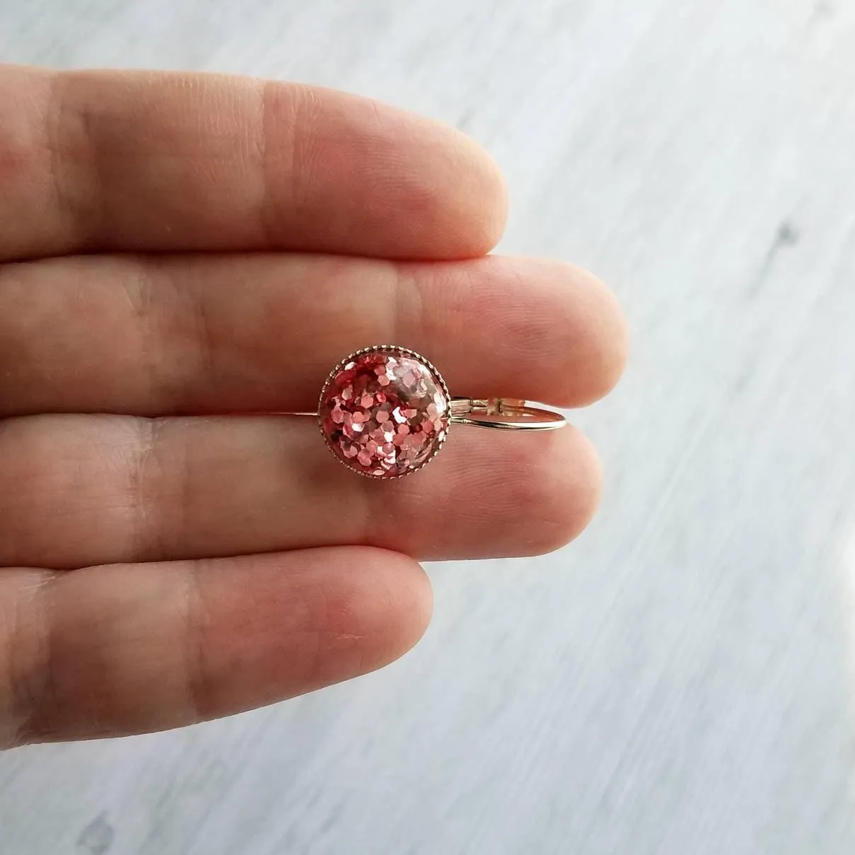Birthday Earrings - metallic pink confetti half sphere on silver leverback hooks, sparkling glitter earring, birthday gift, pink glitter
