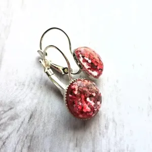 Birthday Earrings - metallic pink confetti half sphere on silver leverback hooks, sparkling glitter earring, birthday gift, pink glitter