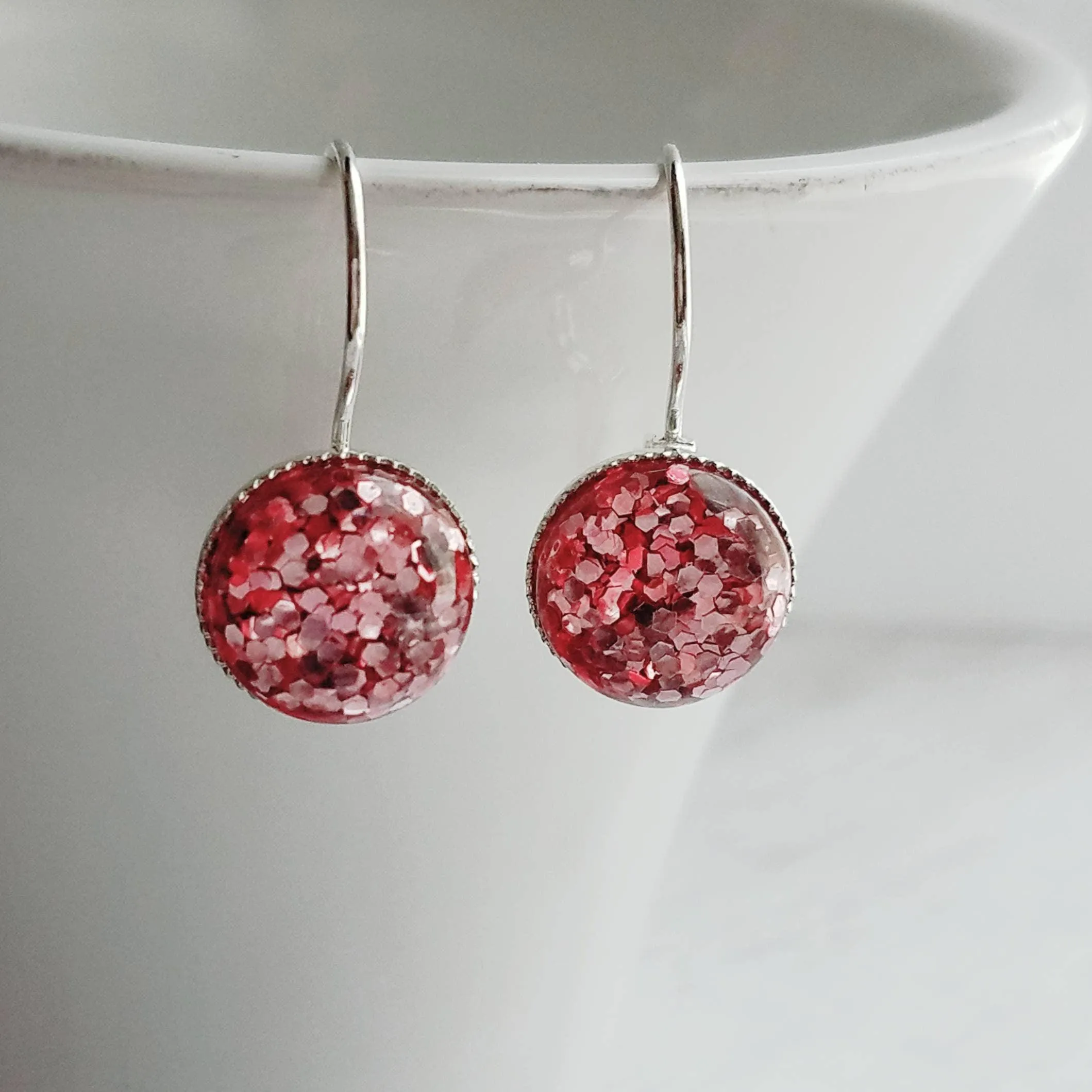 Birthday Earrings - metallic pink confetti half sphere on silver leverback hooks, sparkling glitter earring, birthday gift, pink glitter