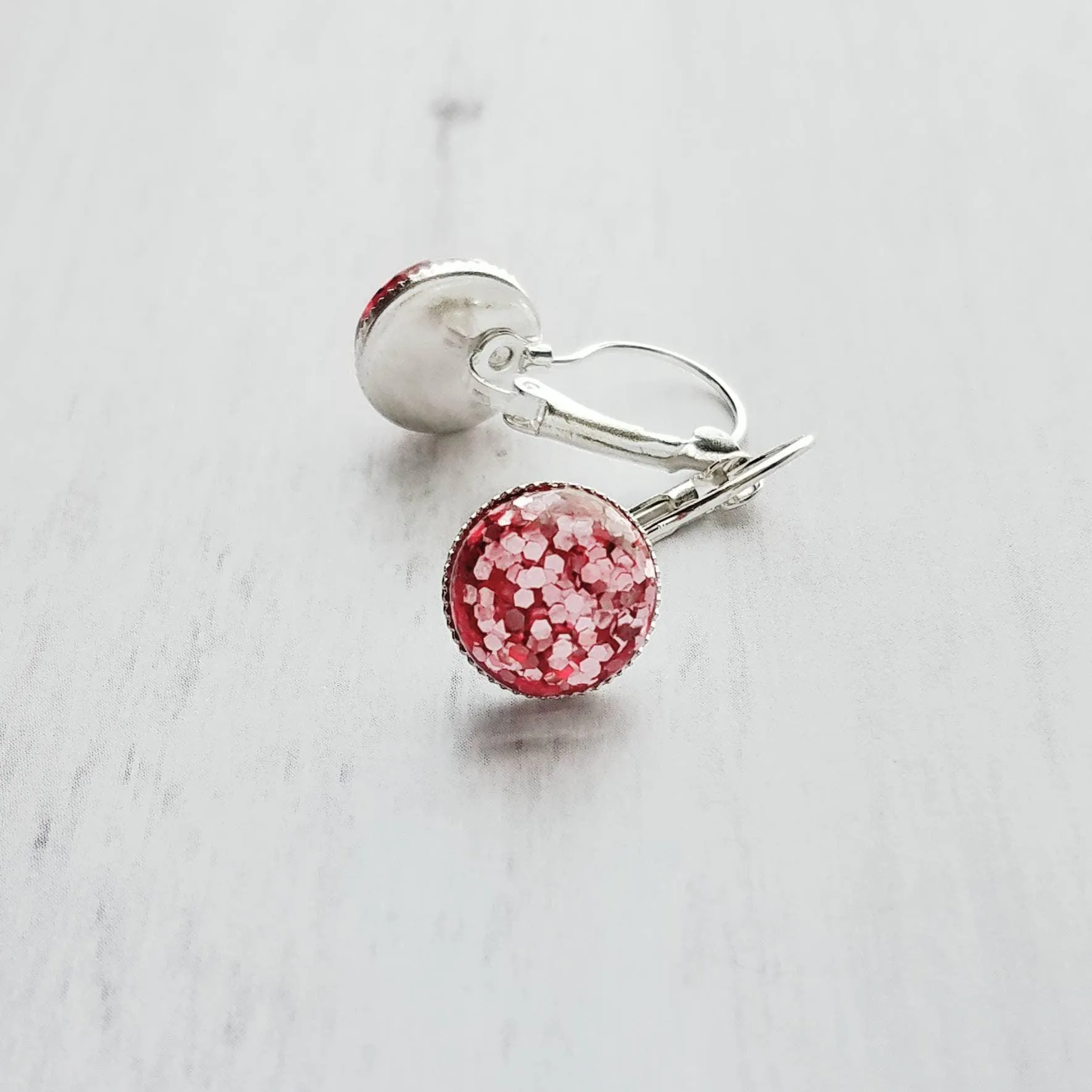 Birthday Earrings - metallic pink confetti half sphere on silver leverback hooks, sparkling glitter earring, birthday gift, pink glitter