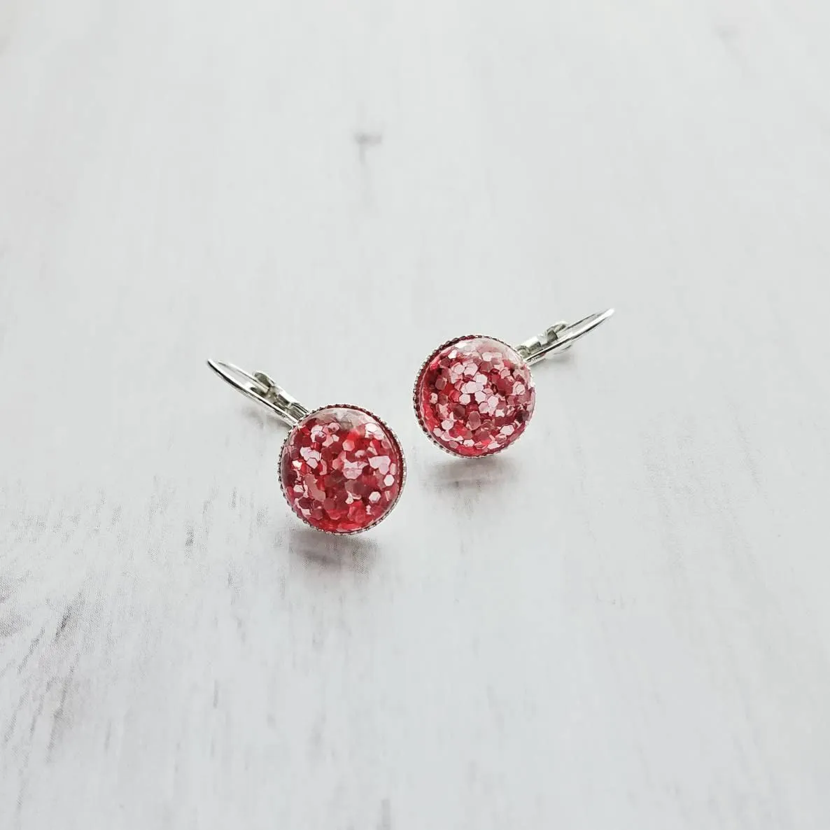 Birthday Earrings - metallic pink confetti half sphere on silver leverback hooks, sparkling glitter earring, birthday gift, pink glitter