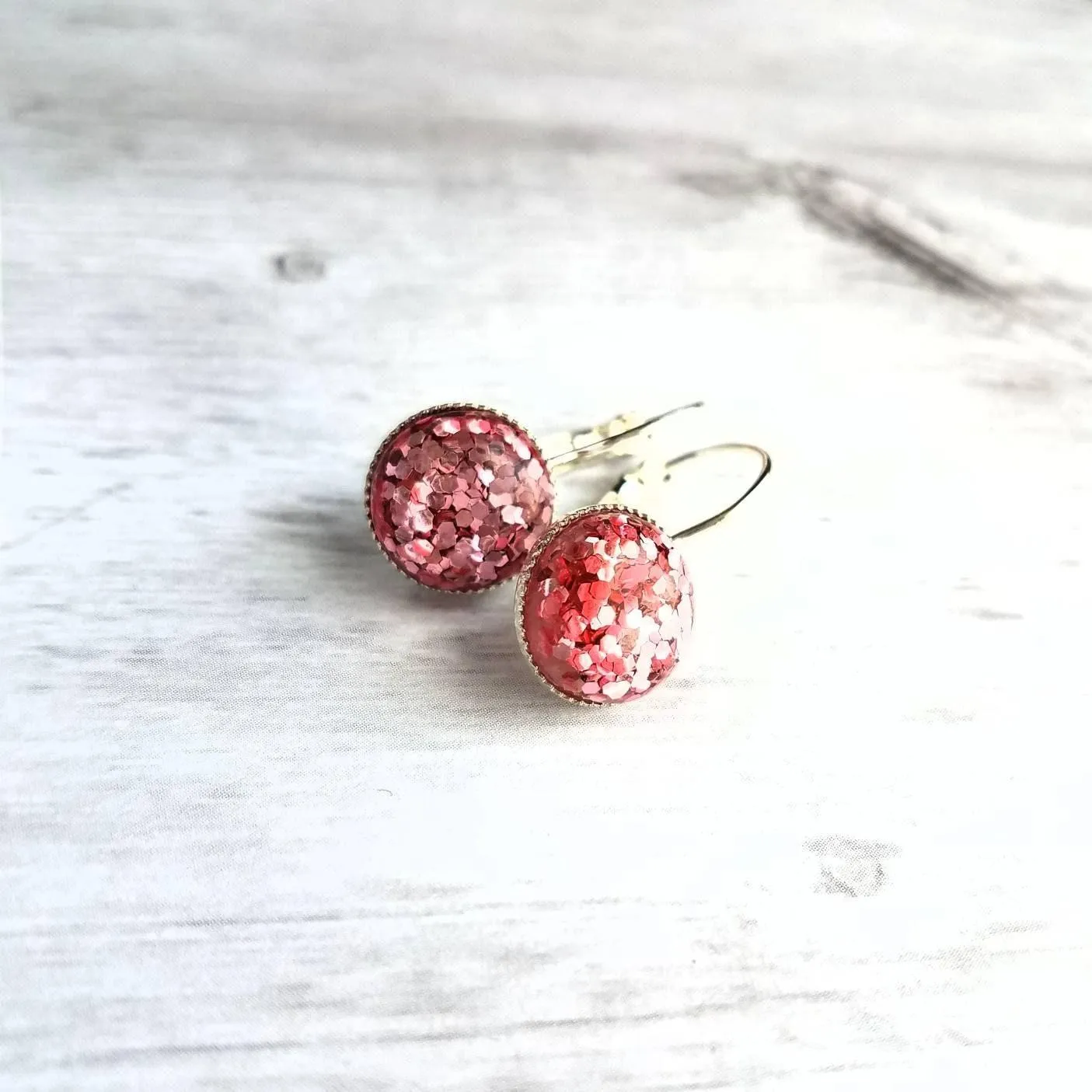 Birthday Earrings - metallic pink confetti half sphere on silver leverback hooks, sparkling glitter earring, birthday gift, pink glitter