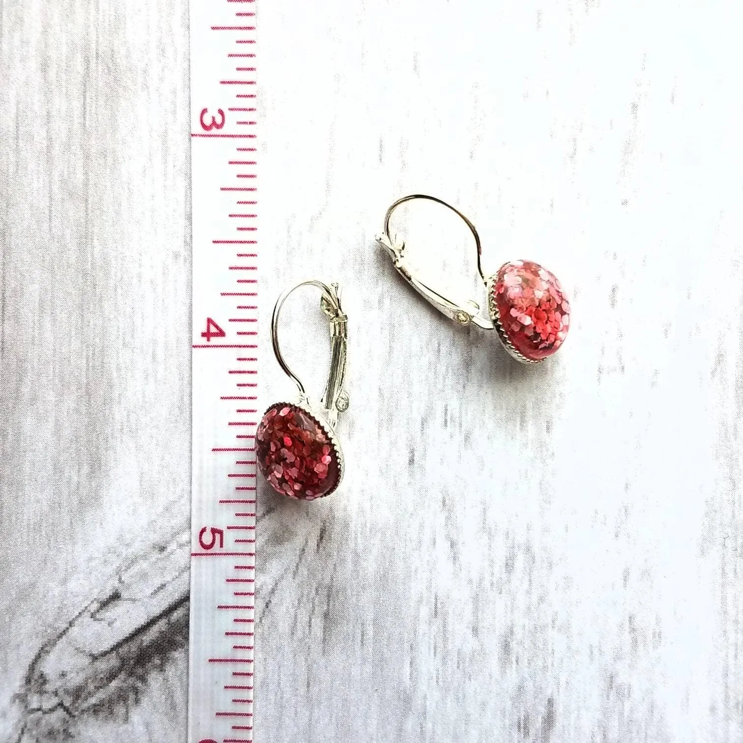 Birthday Earrings - metallic pink confetti half sphere on silver leverback hooks, sparkling glitter earring, birthday gift, pink glitter
