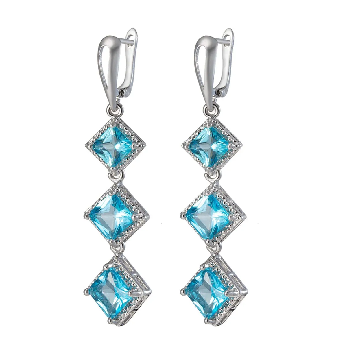 Blue Crystal & Silver-Plated Princess-Cut Stacked Drop Earrings