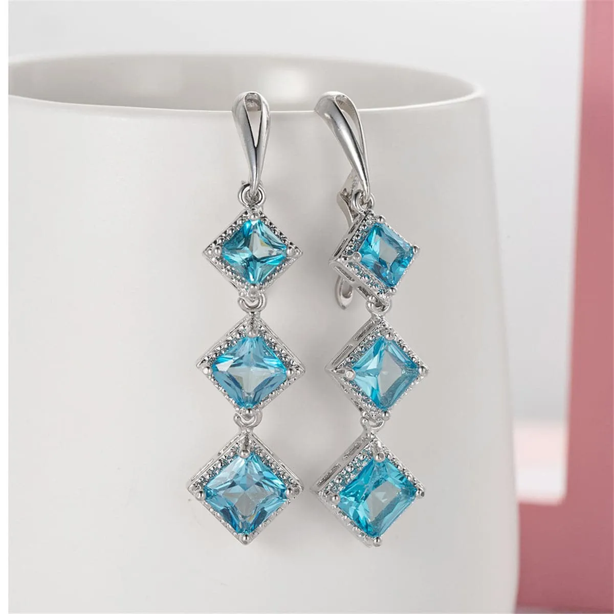 Blue Crystal & Silver-Plated Princess-Cut Stacked Drop Earrings