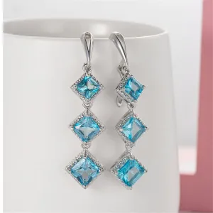 Blue Crystal & Silver-Plated Princess-Cut Stacked Drop Earrings