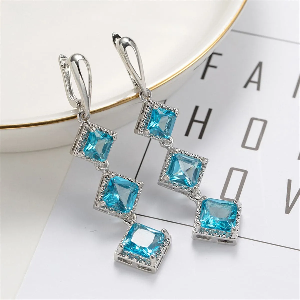 Blue Crystal & Silver-Plated Princess-Cut Stacked Drop Earrings