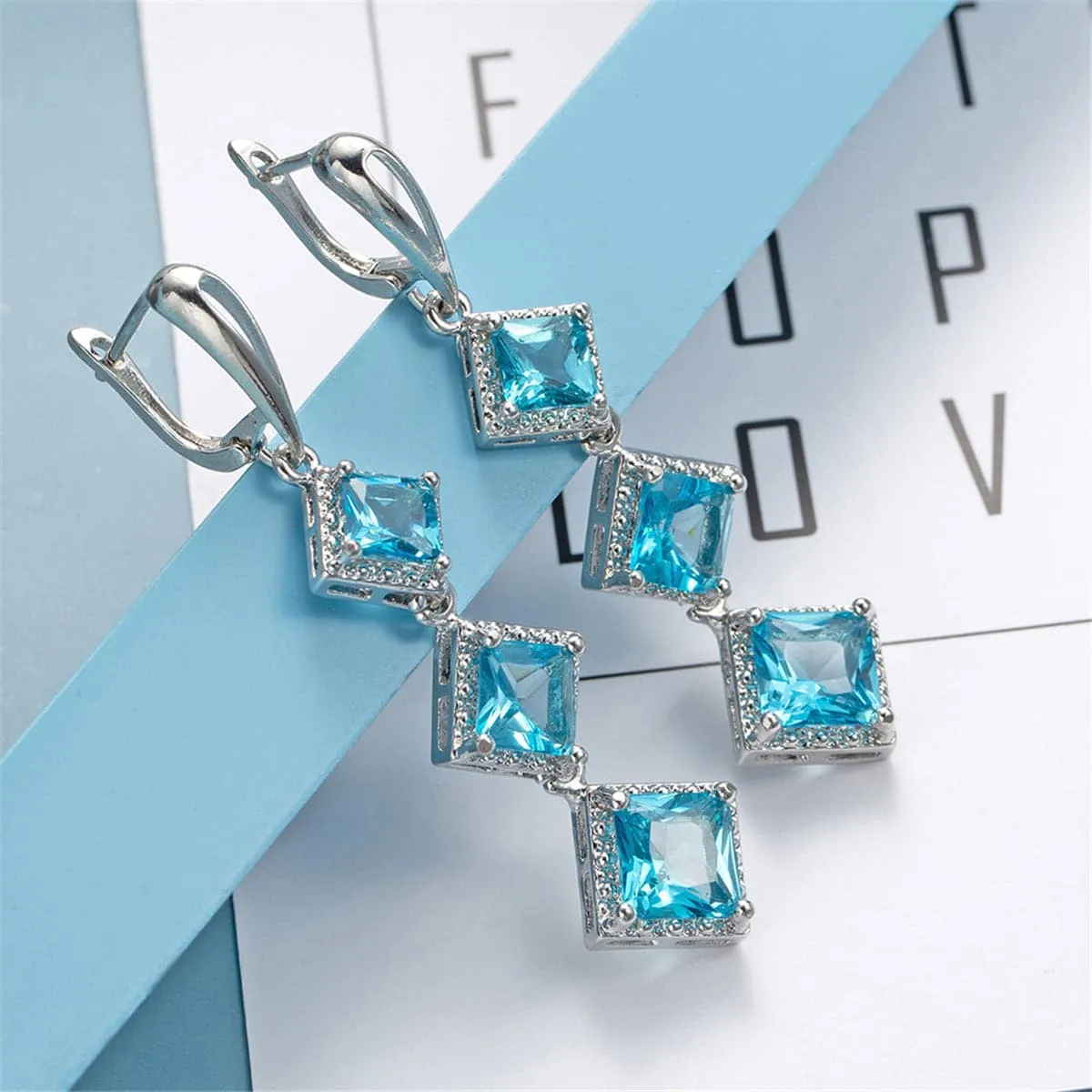 Blue Crystal & Silver-Plated Princess-Cut Stacked Drop Earrings