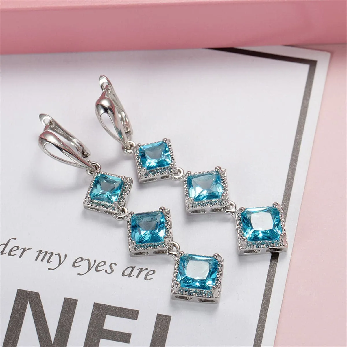 Blue Crystal & Silver-Plated Princess-Cut Stacked Drop Earrings