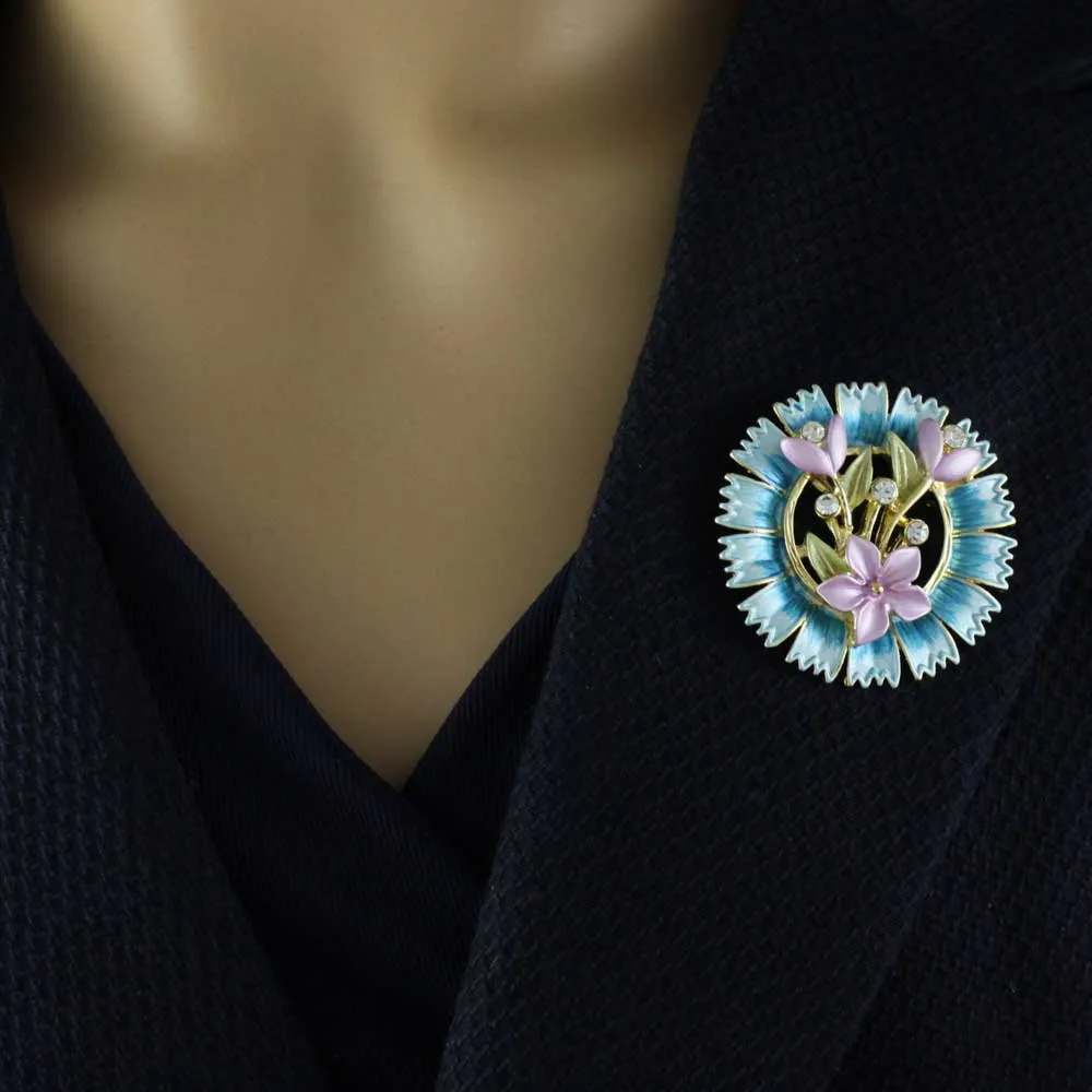 Blue Spiky Wreath with Lavender Flowers Brooch Pin - PRL541
