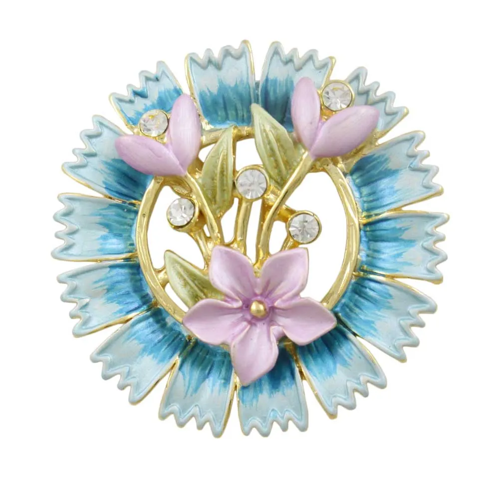 Blue Spiky Wreath with Lavender Flowers Brooch Pin - PRL541