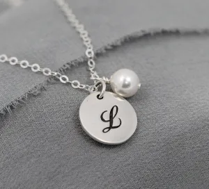 Bridesmaid Gift Jewelry, Personalized Initial Necklace with Pearl in Sterling Silver