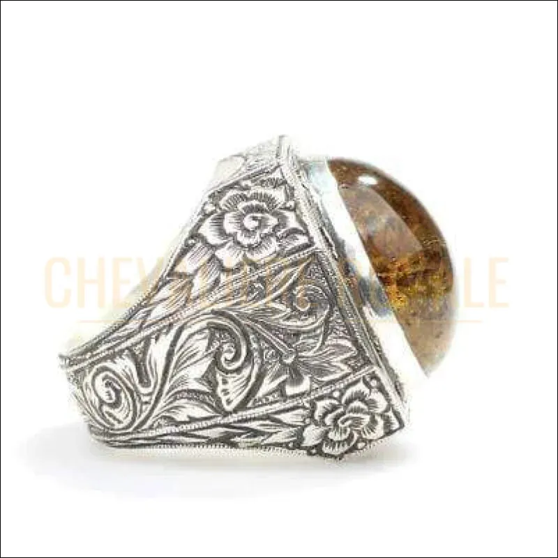 Chevalière homme argent pierre ambre baltique gravée à la main