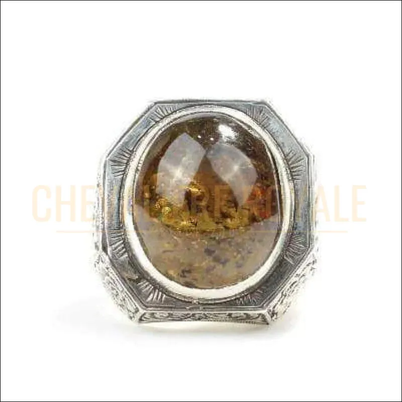 Chevalière homme argent pierre ambre baltique gravée à la main