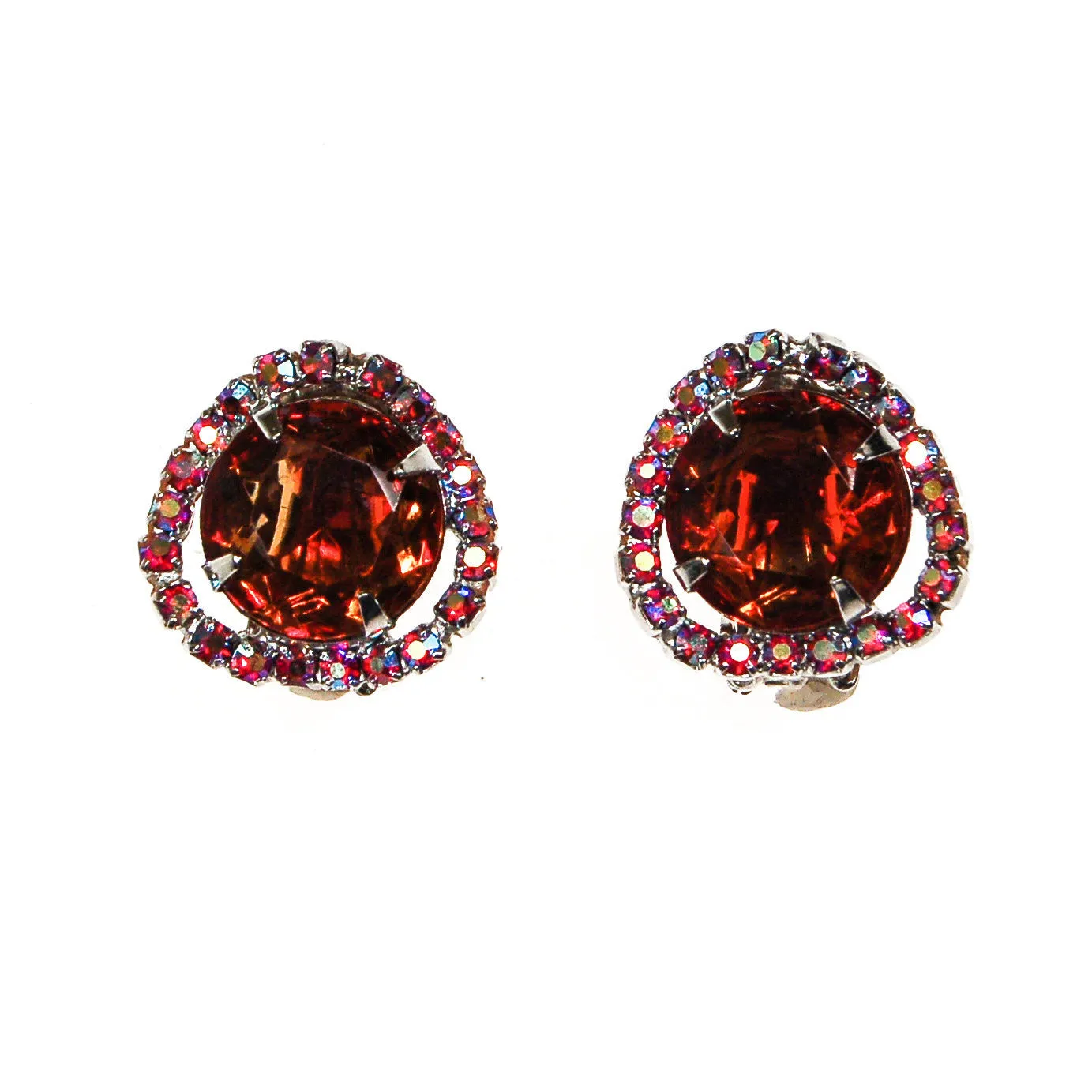 Cognac Topaz and Aurora Borealis Rhinestones Earrings