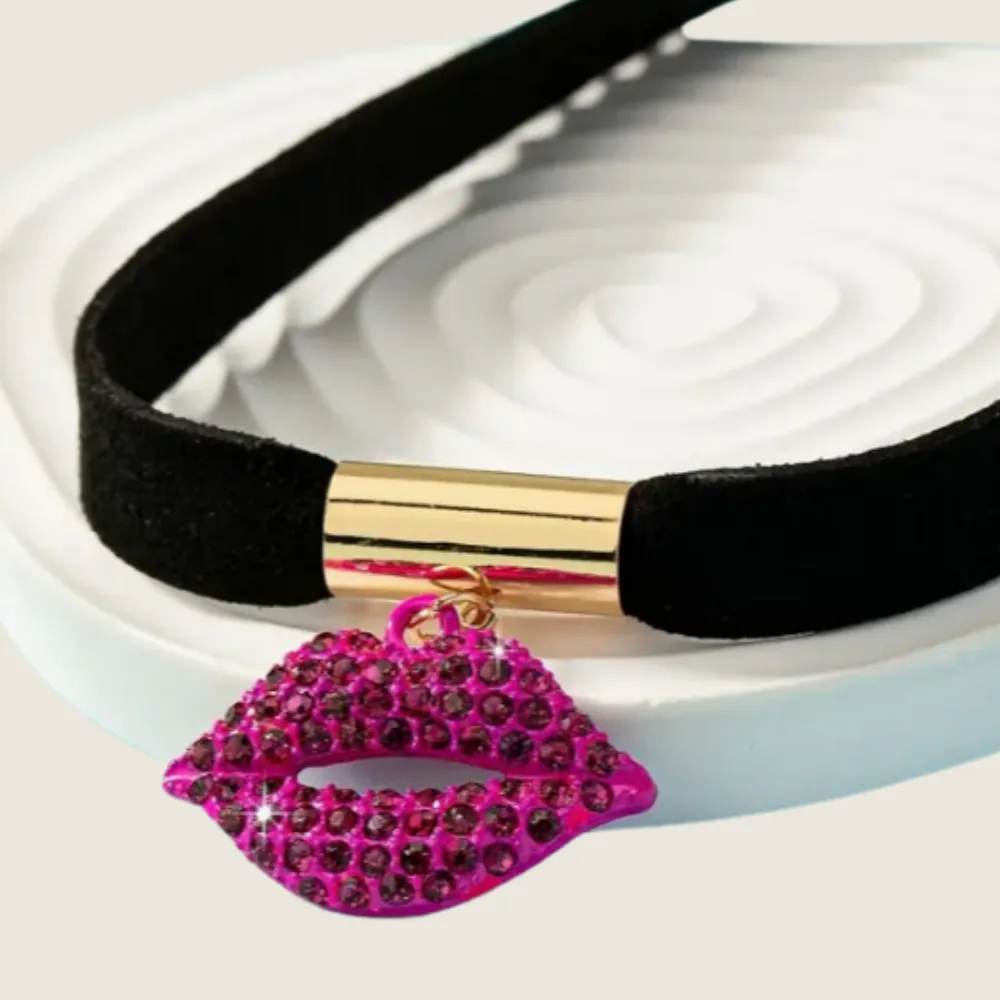 Copy of A Sexy and Powerful Pink Rhinestone Lips Choker Necklace with Black Velvet/Suede Chain