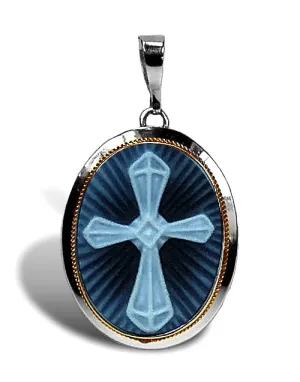 Cross Blue Agate Cameo Pendant, Sterling Silver Frame