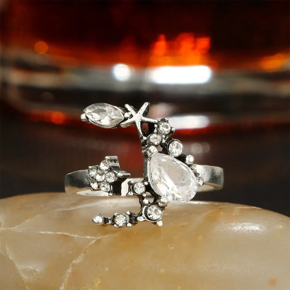 Crystal & Cubic Zirconia Silver-Plated Moon Ring Set