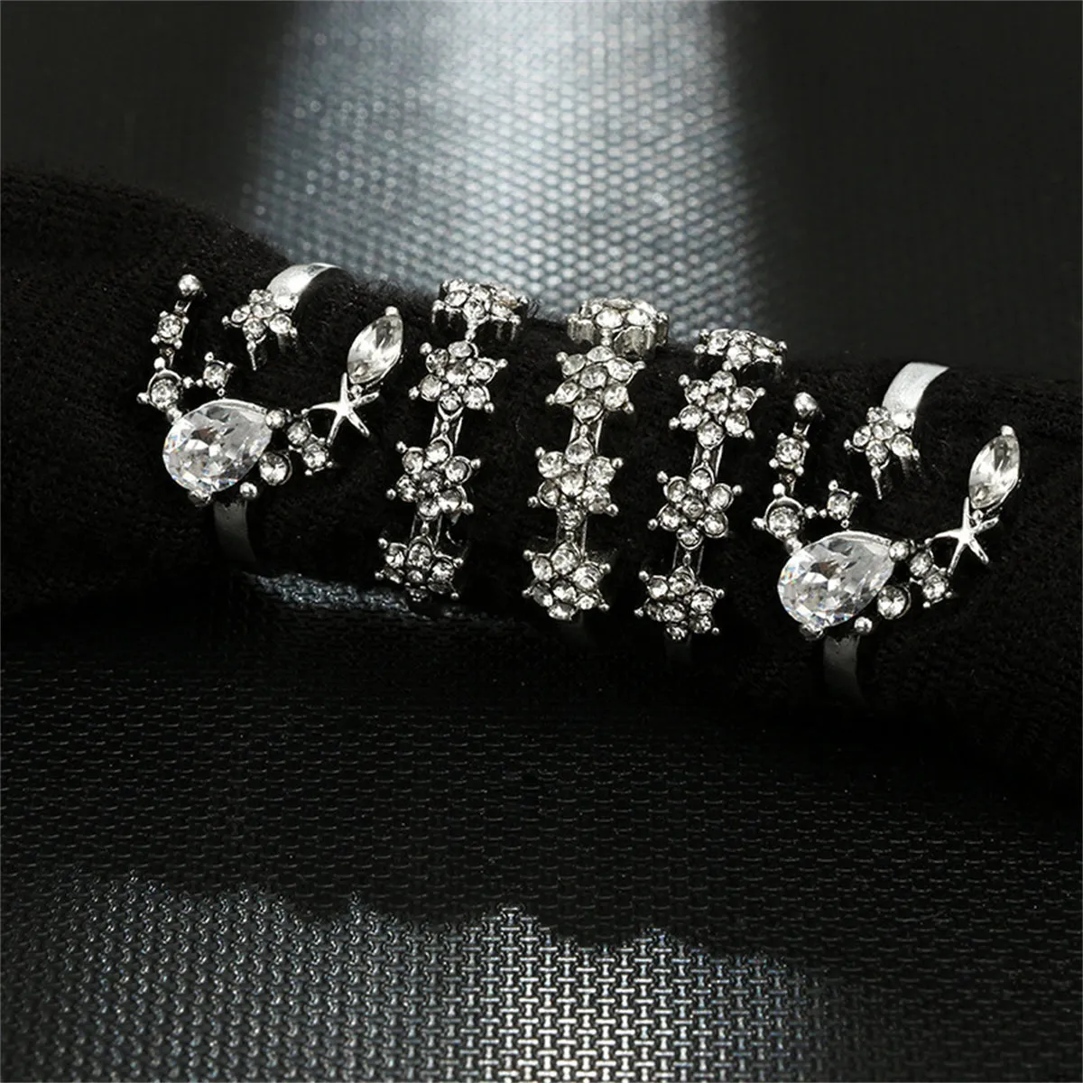 Crystal & Cubic Zirconia Silver-Plated Moon Ring Set