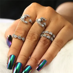Crystal & Cubic Zirconia Silver-Plated Moon Ring Set