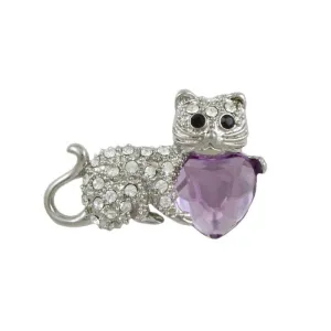 Crystal Cat with Large Purple Heart Brooch Pin - PRC012