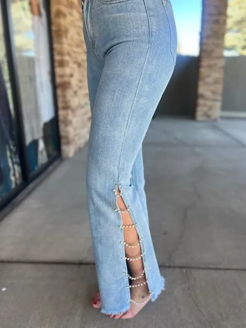 Crystal Chain Light Wash Denim Jeans