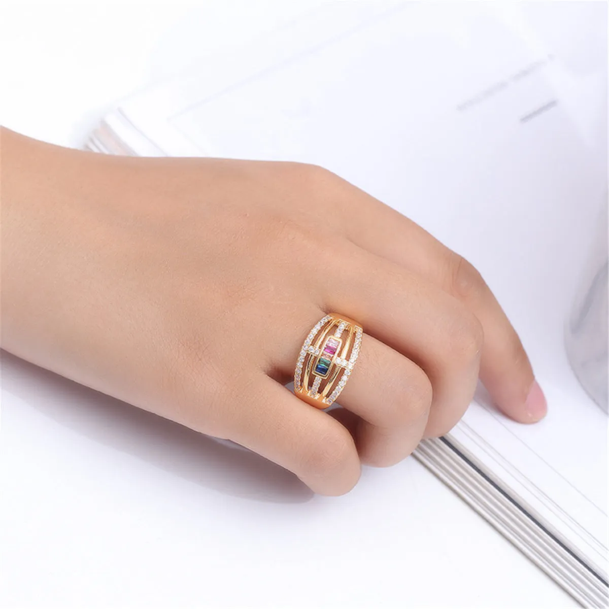 Cubic Zirconia & Rainbow Crystal Horizontal Line Ring