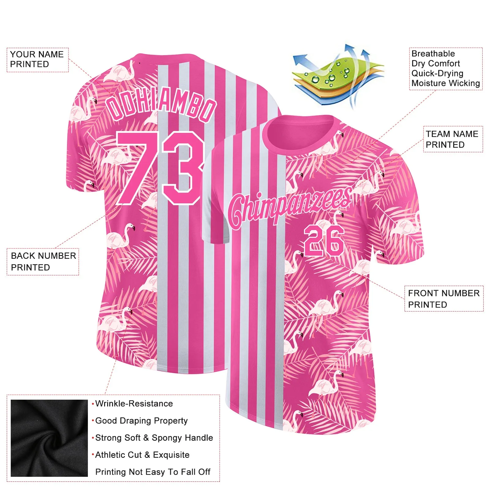 Custom 3D Pattern Design Tropical Palm Leaves And Famingo Performance T-Shirt