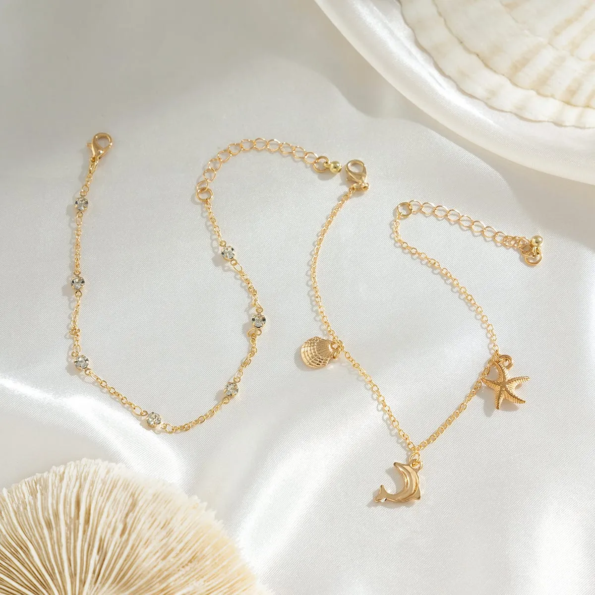 Dainty Shell Dolphin Starfish Charm Crystal Chain Anklet Set