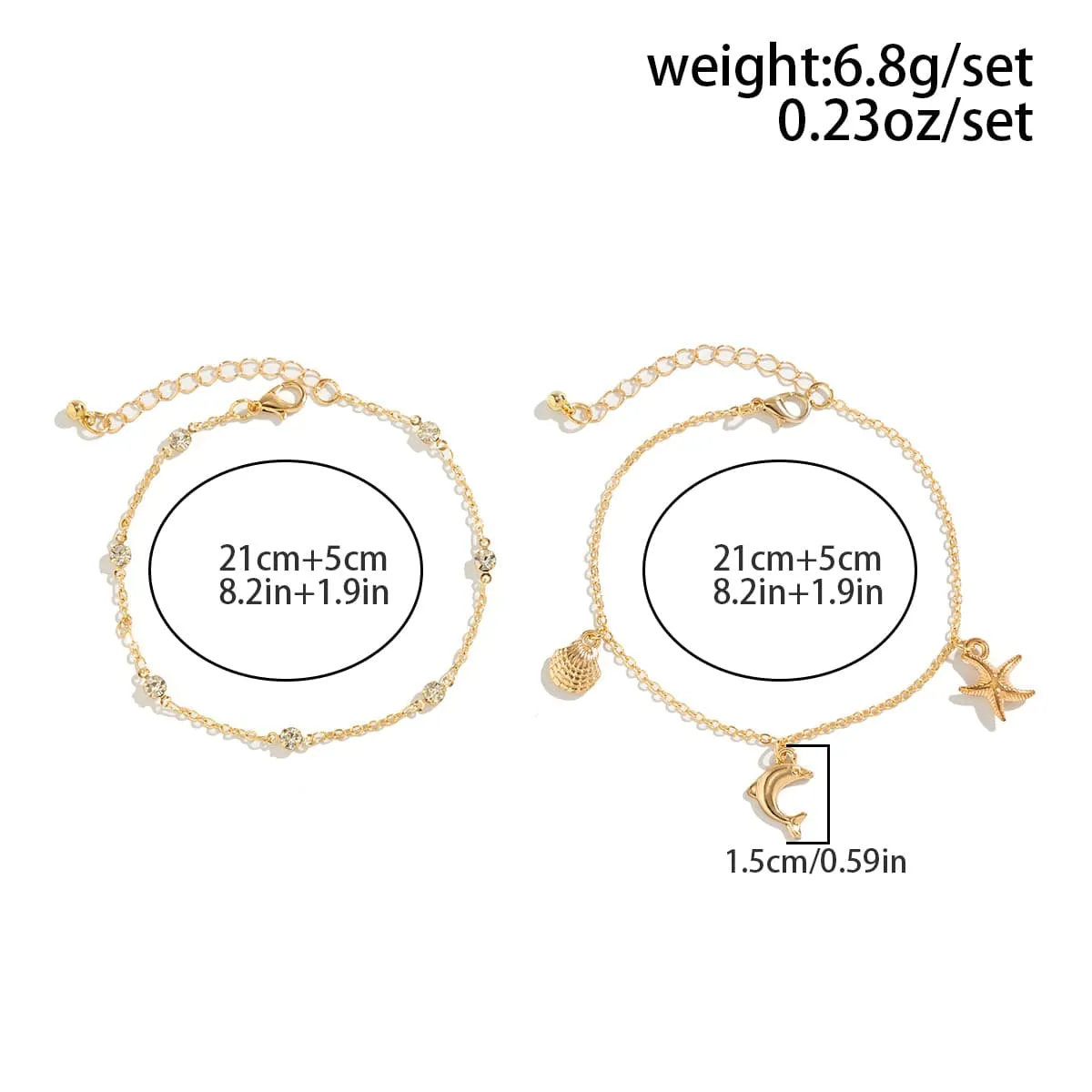 Dainty Shell Dolphin Starfish Charm Crystal Chain Anklet Set