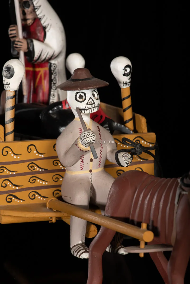 Day of the Dead Cart Mexican Wood Carving with Devil & Skeleton