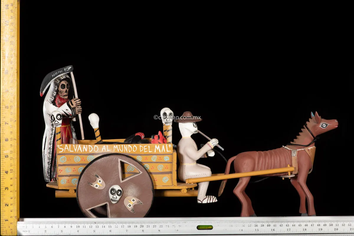 Day of the Dead Cart Mexican Wood Carving with Devil & Skeleton