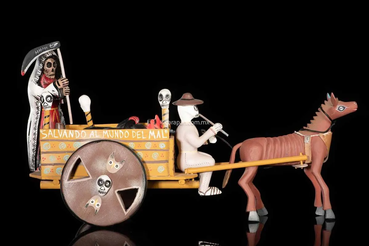 Day of the Dead Cart Mexican Wood Carving with Devil & Skeleton