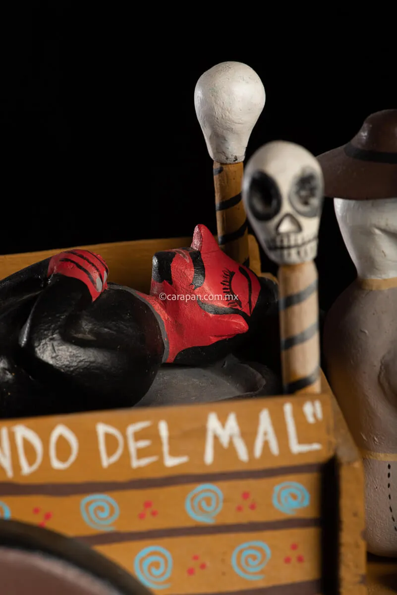 Day of the Dead Cart Mexican Wood Carving with Devil & Skeleton