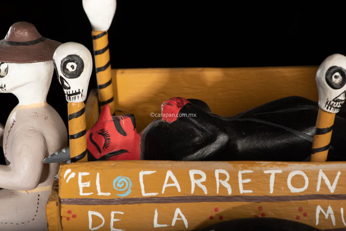 Day of the Dead Cart Mexican Wood Carving with Devil & Skeleton