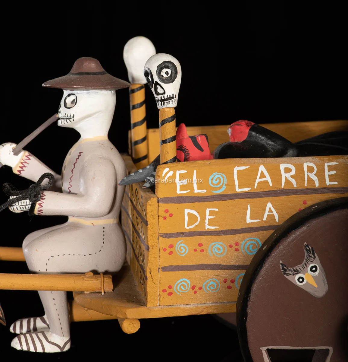 Day of the Dead Cart Mexican Wood Carving with Devil & Skeleton