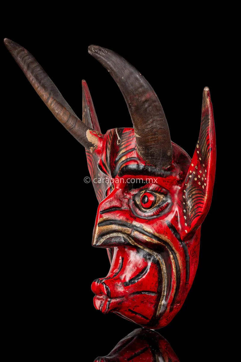 Devil Mask with Bull horns Hand Crafted in Guerrero, Mexico