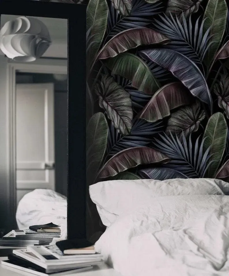Dramatic Dark Tropical Palm and Banana Leaves Wallpaper